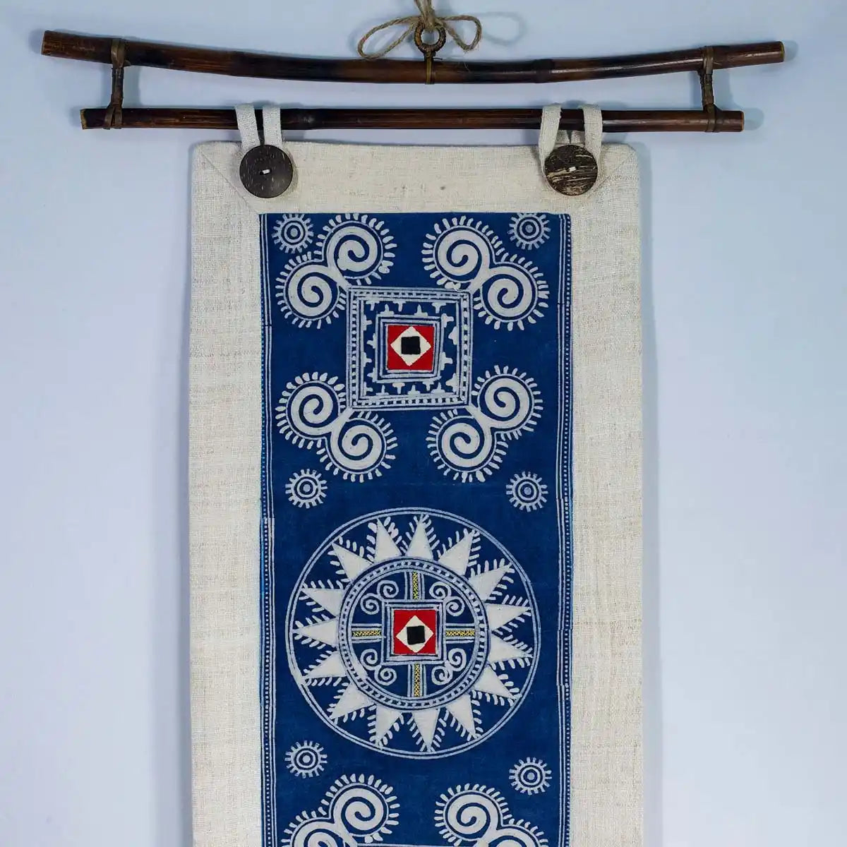 Vindigo indigo hemp batik tapestry front hanging view