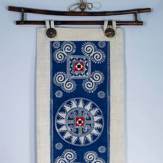 Vindigo indigo hemp batik tapestry front hanging view