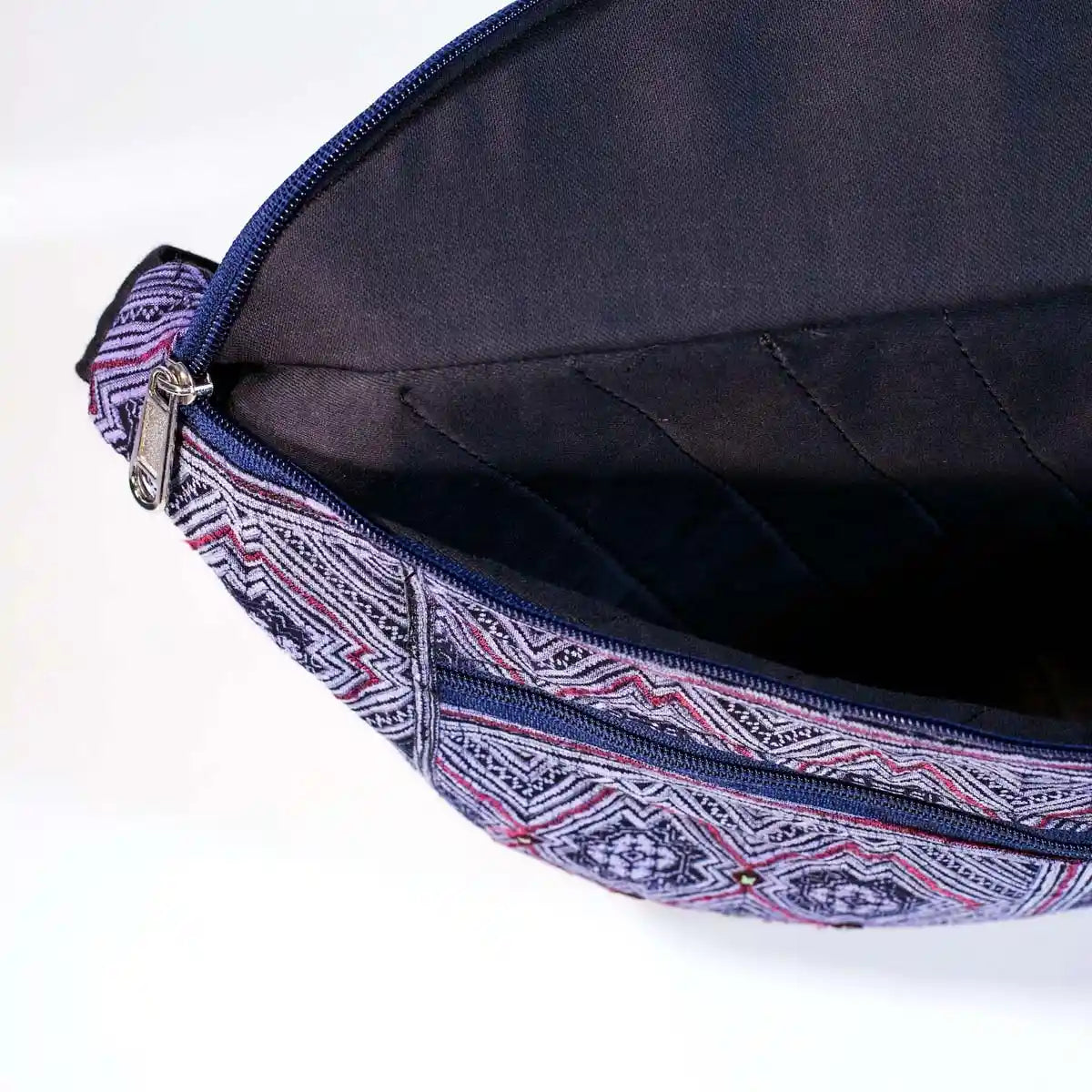 Vindigo hemp waist bag purple geometric embroidery front view