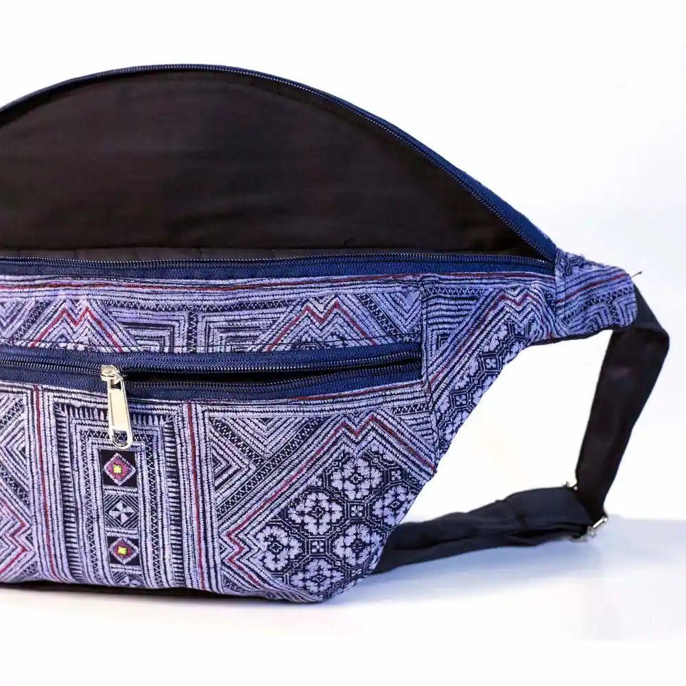 Vindigo hemp waist bag purple geometric design front close-up
