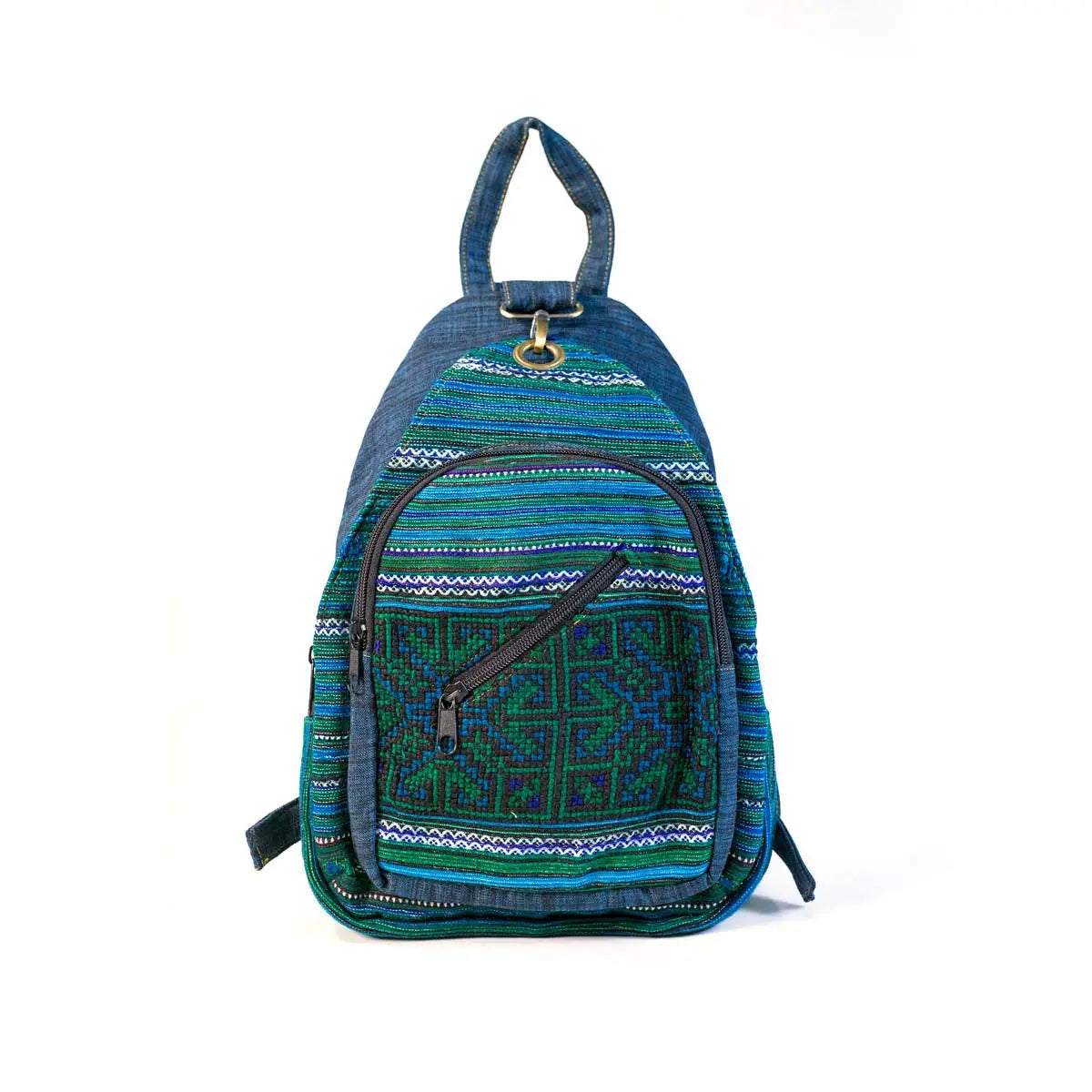 Vindigo blue striped hemp backpack front view