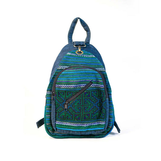 Vindigo blue striped hemp backpack front view