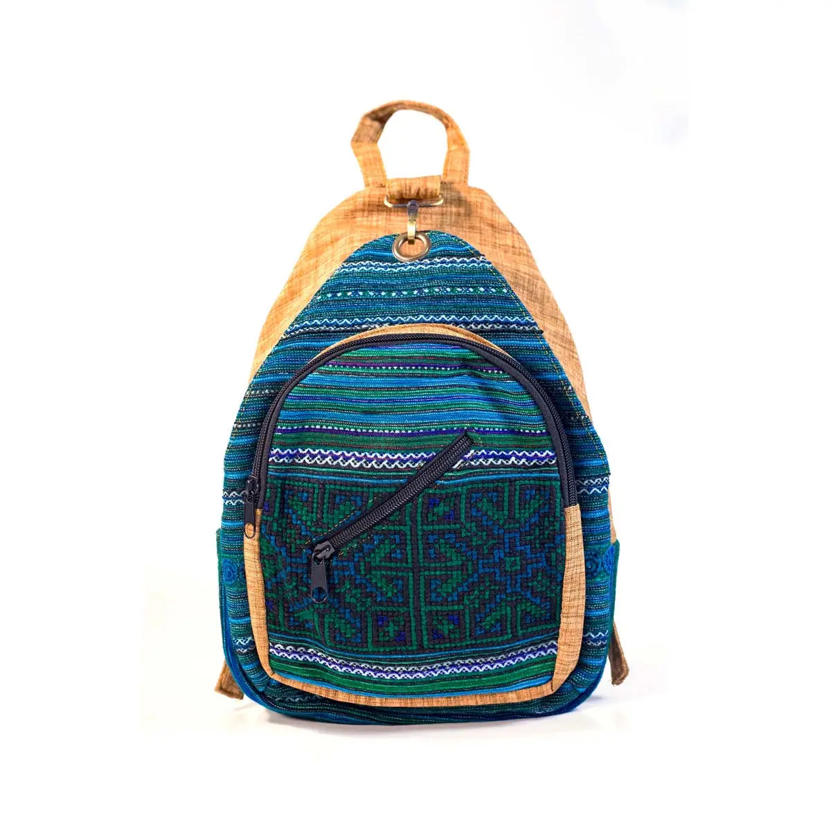 Vindigo blue cotton backpack with H’mong embroidery front view