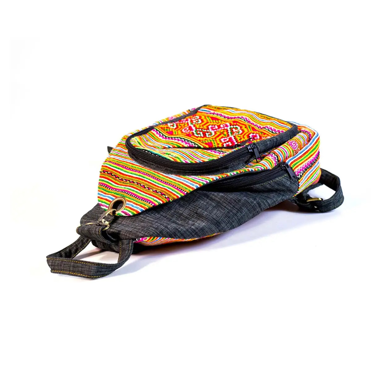 Vindigo yellow hemp embroidered backpack lying view