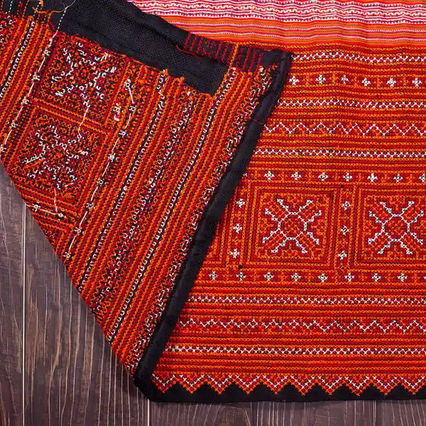 Vindigo handmade red hemp tribal embroidered fabric edge detail