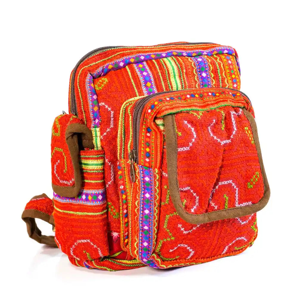 Vindigo red hemp tribal backpack showing detailed side design