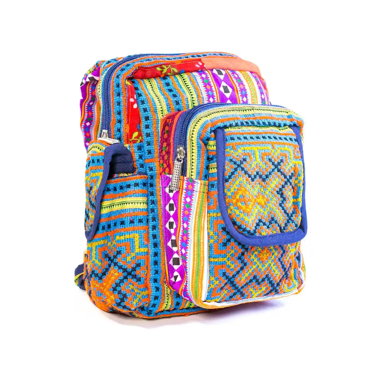 Vindigo multicolor hemp tribal backpack showing side pockets