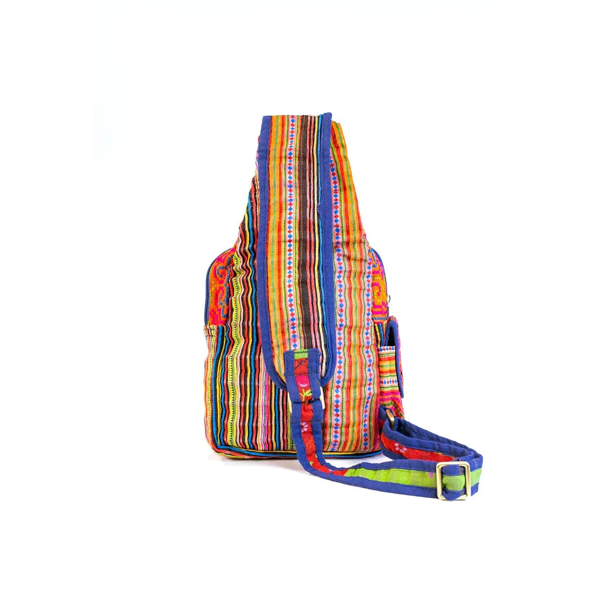 Vindigo pink hemp tribal sling bag showing side strap design