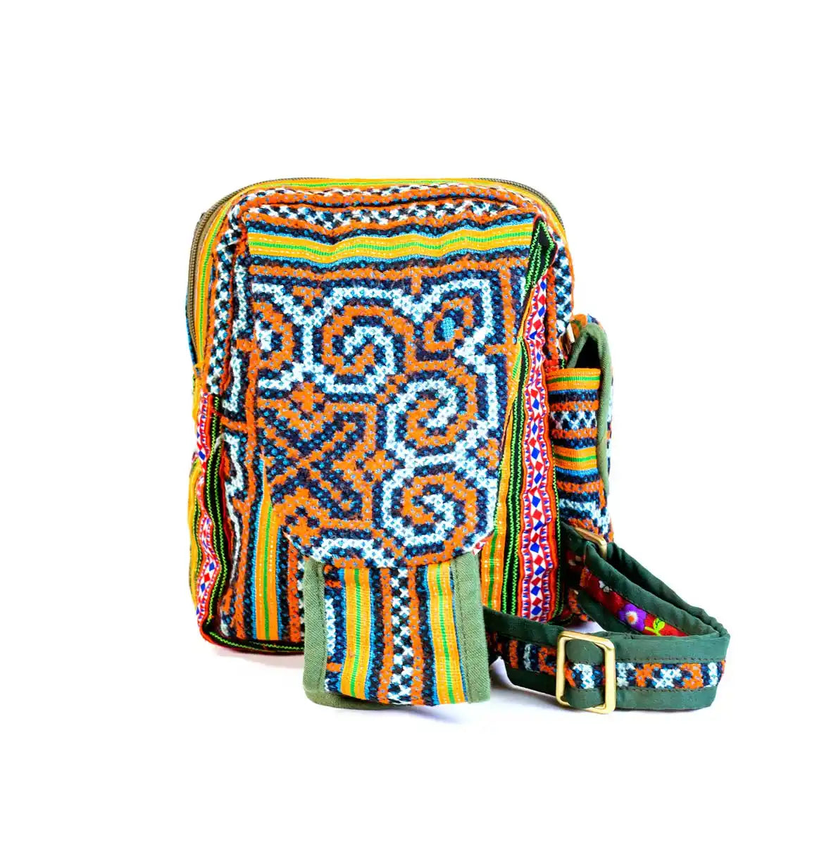 Vindigo colorful blue tribal hemp backpack showing side pocket
