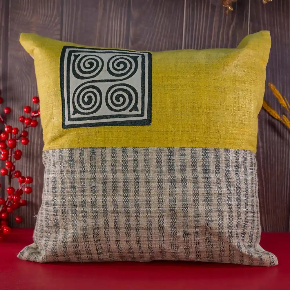 Vindigo handmade yellow hemp pillow cover with spiral fabric patch