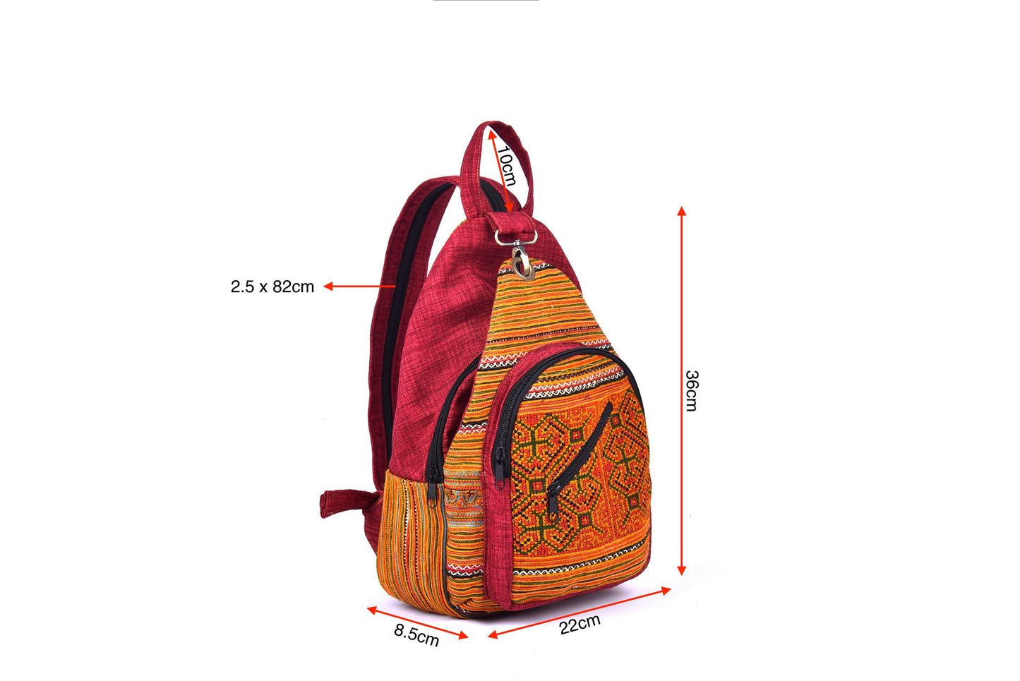 Multi-purpose backpack and sling, blue hand-embroidery fabric, light orange trim