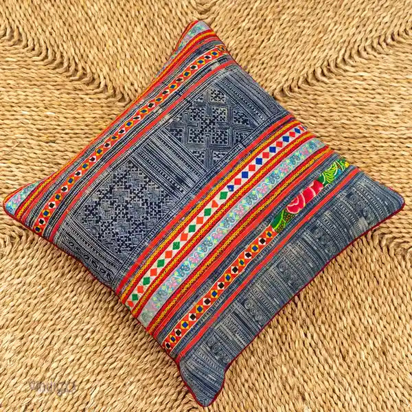 Vindigo cushion cover grey H’mong batik embroidered front view