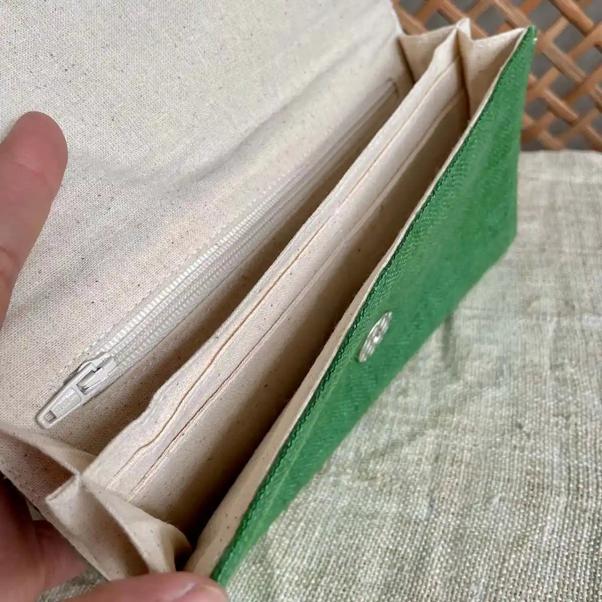 Vindigo long purse green hemp tribal inside view with hand