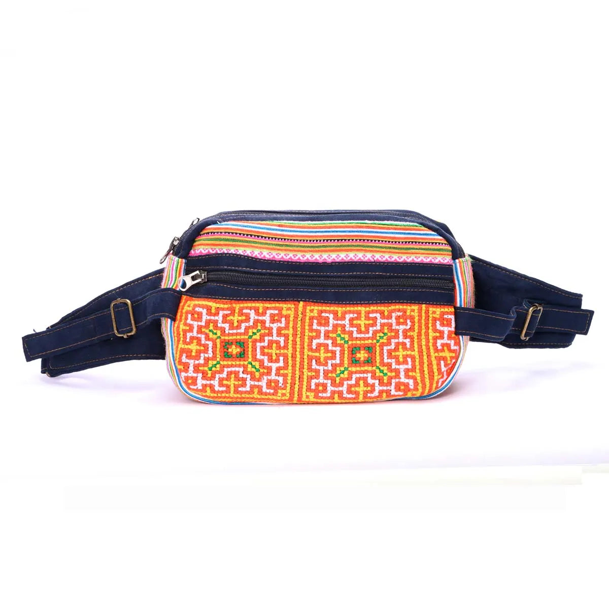 Vindigo embroidered orange waist bag with multiple compartments front view