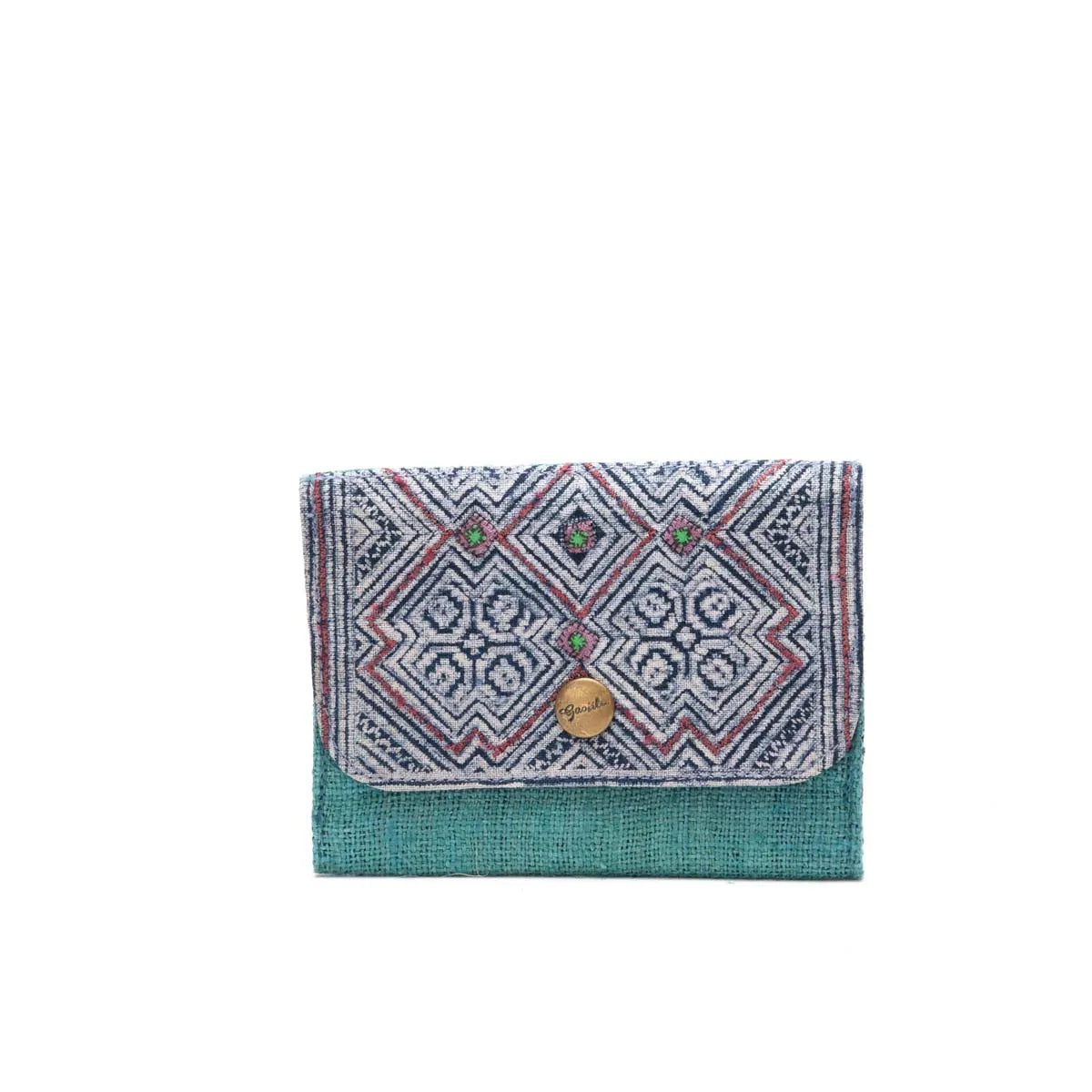 Vindigo H’mong batik cardholder with geometric pattern and green hemp base