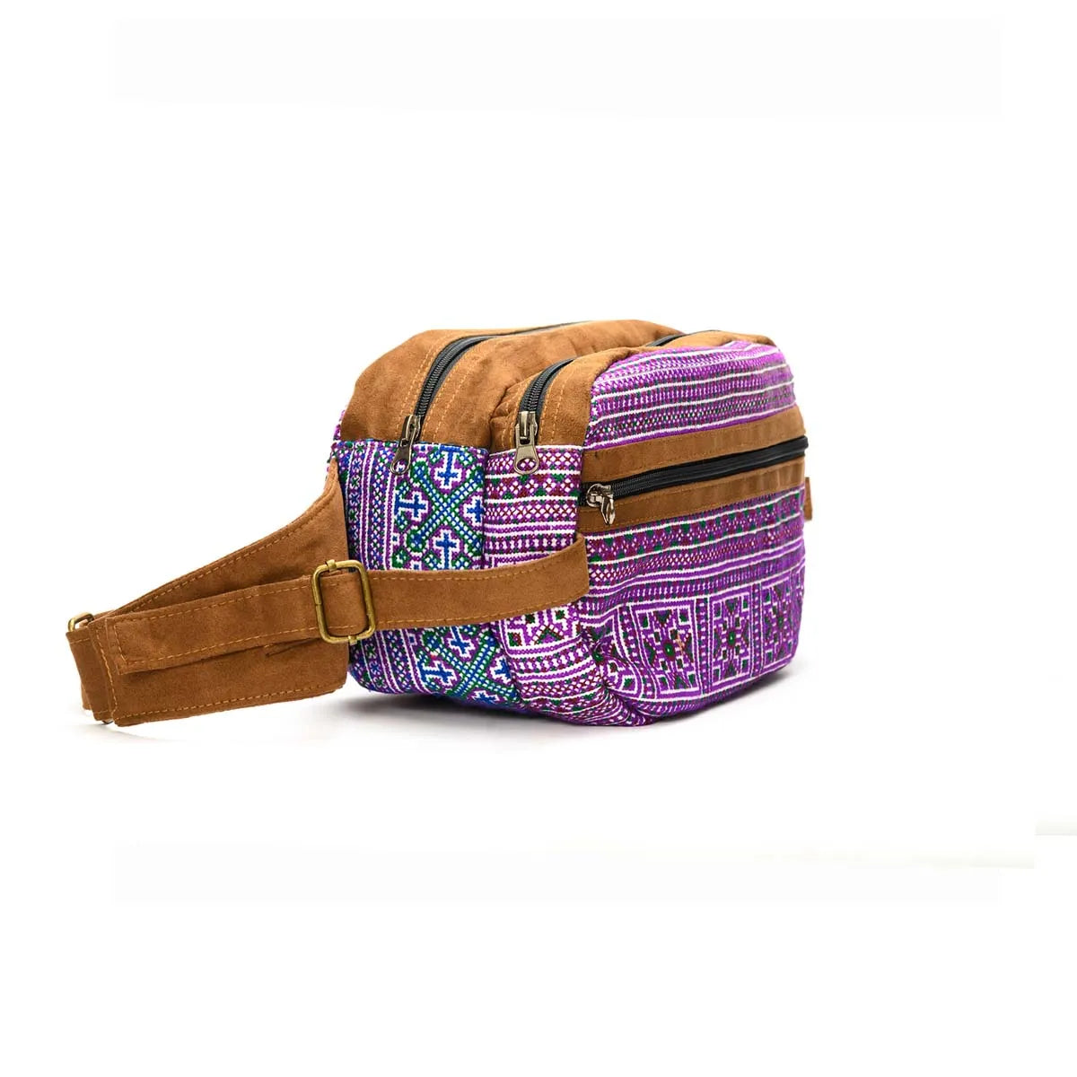 Vindigo purple H’mong embroidered waist bag angled side view