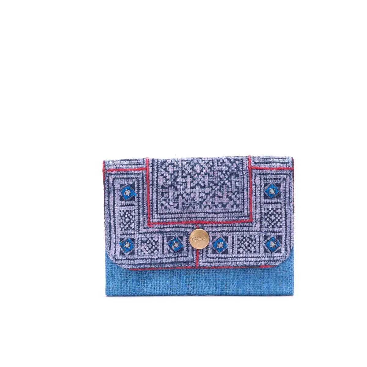 Vindigo pink-blue tribal batik wallet with blue hemp base front view