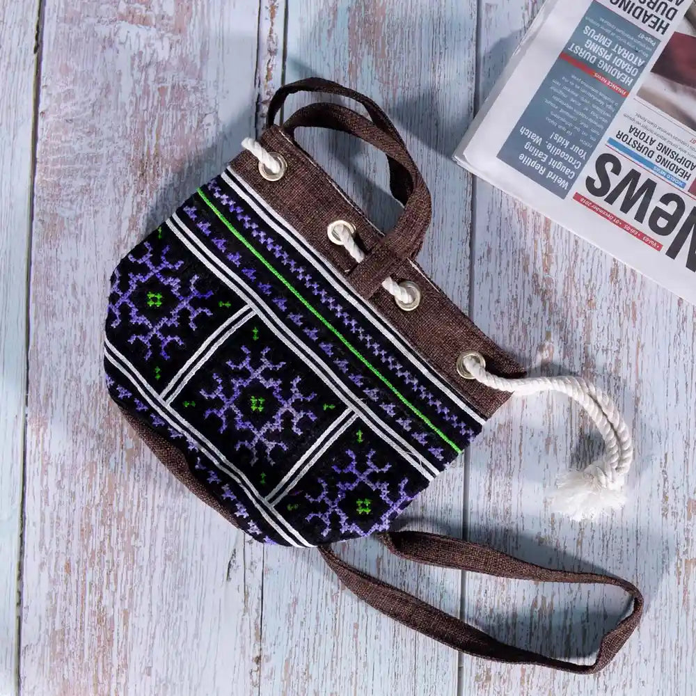 Vindigo brown hemp geometric embroidered bucket bag lying flat detail