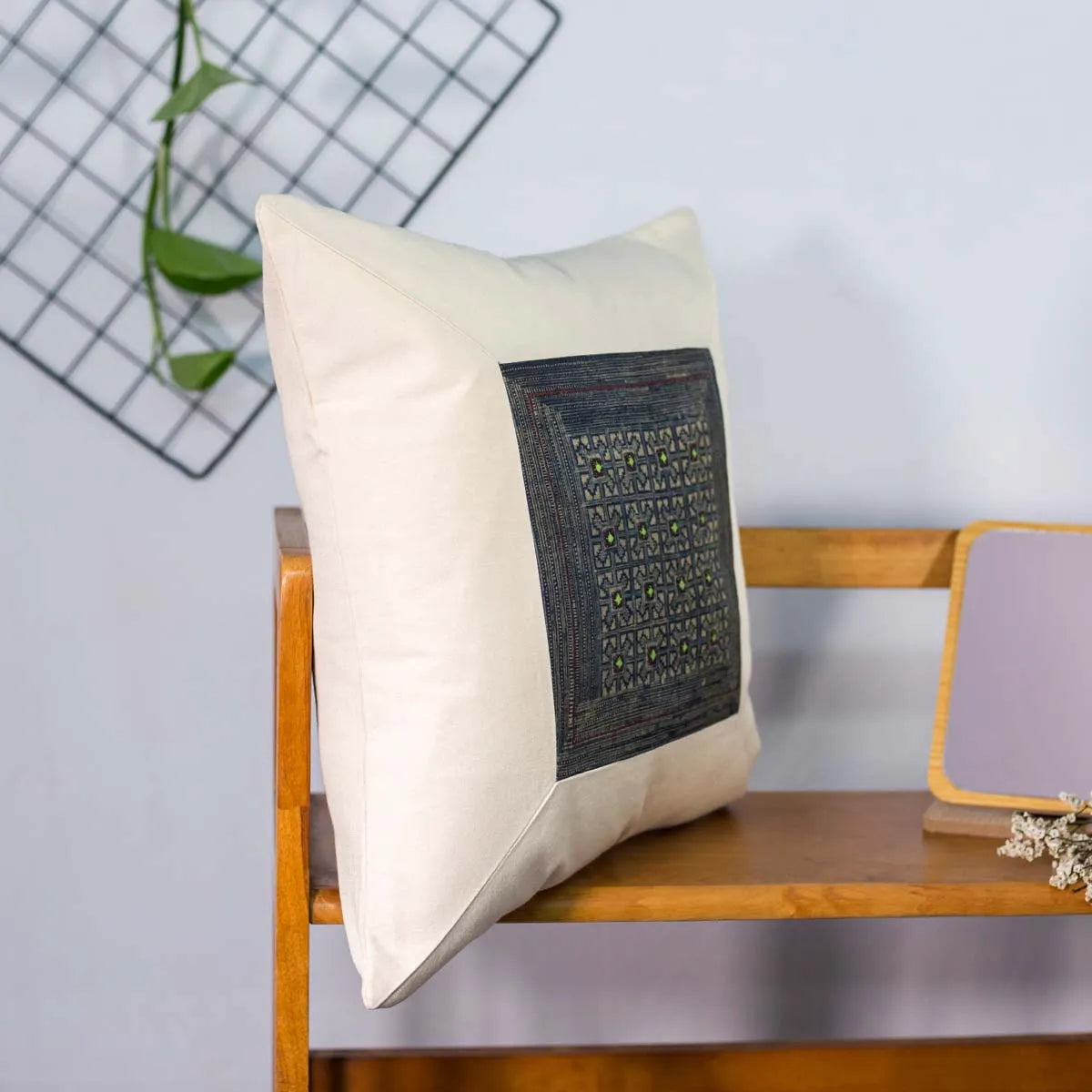 Vindigo handmade beige cotton cushion cover side view on wooden chair