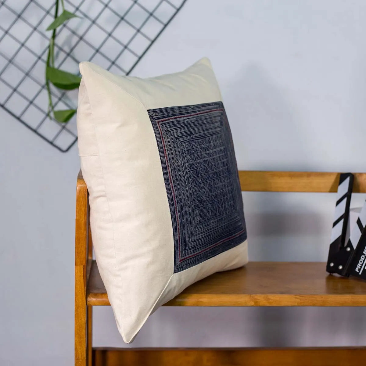 Vindigo handmade beige cotton cushion cover side view on wooden chair