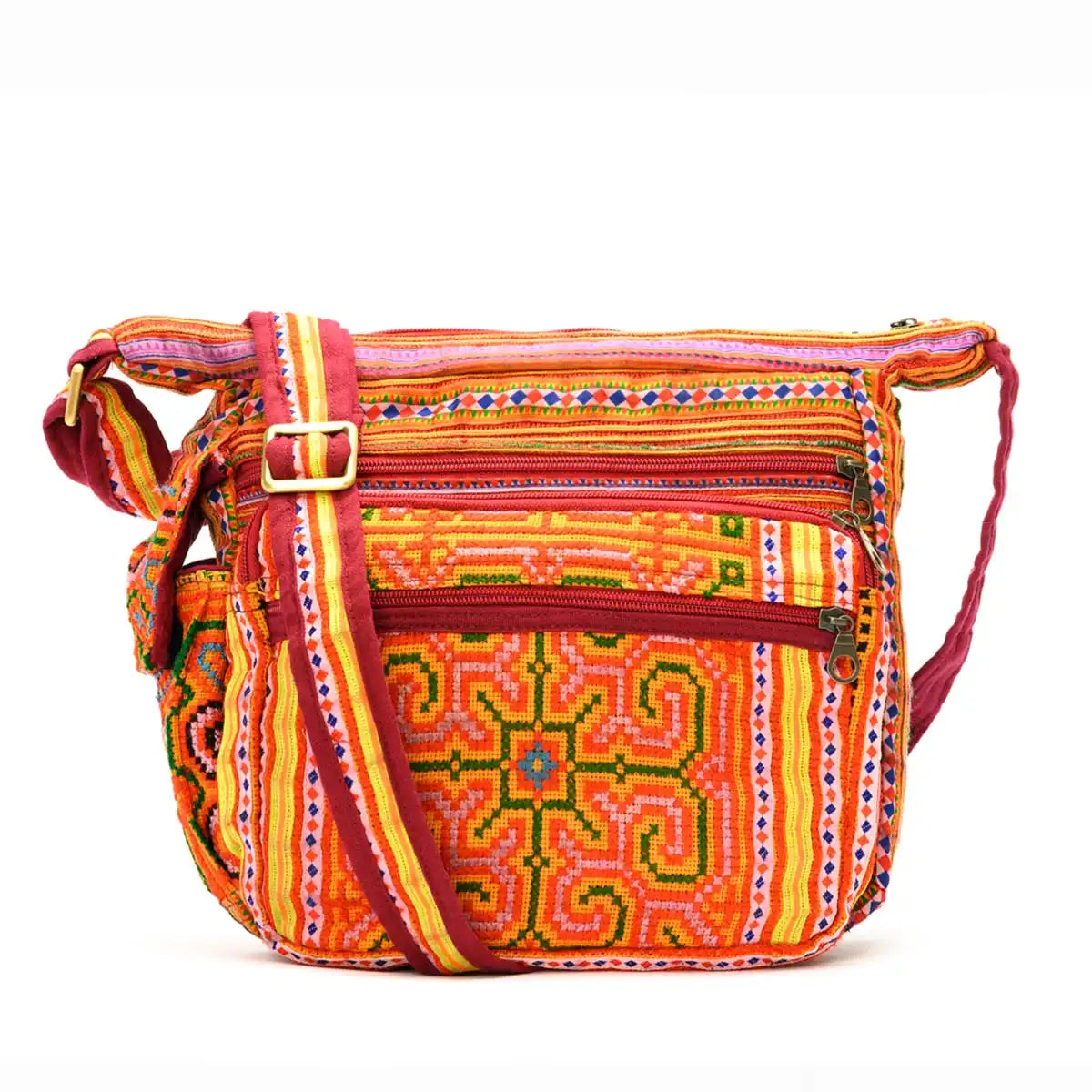 Vindigo shoulder bag orange linen tribal front view
