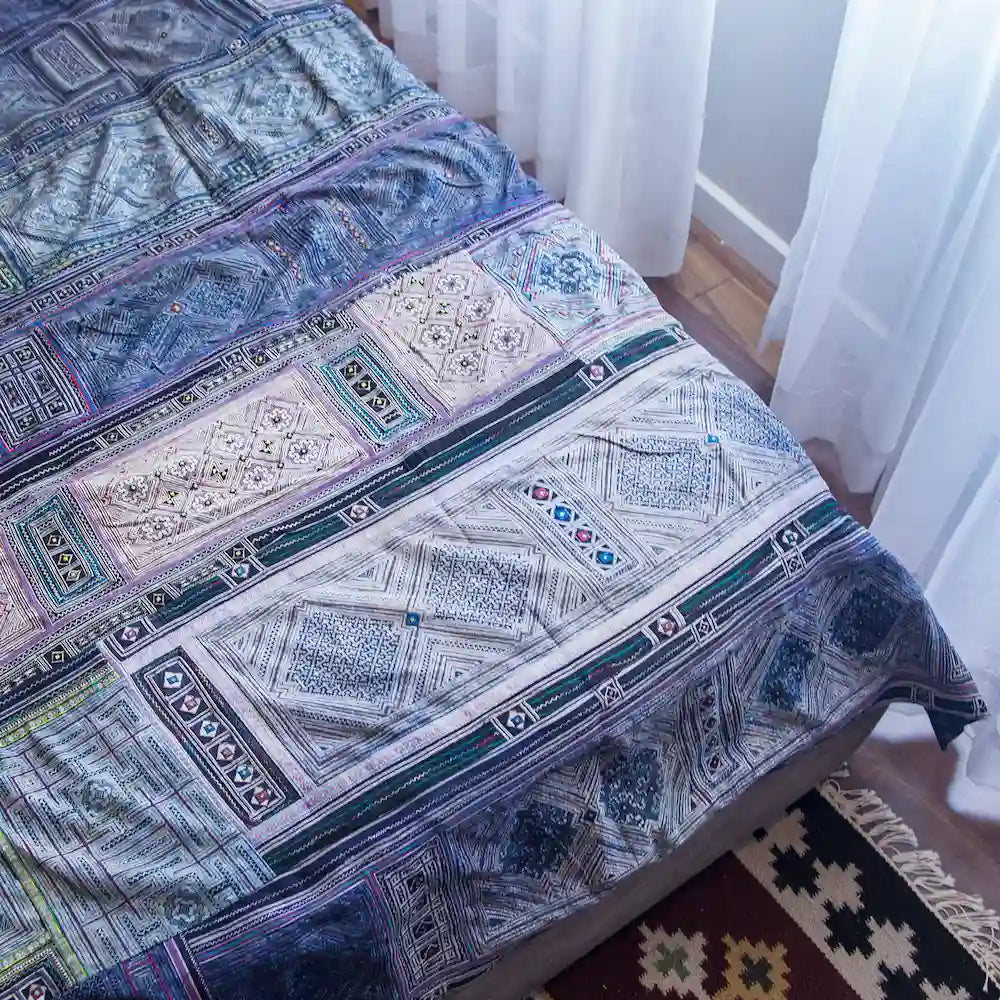 Vindigo indigo Hmong batik cotton bed cover pattern detail close-up