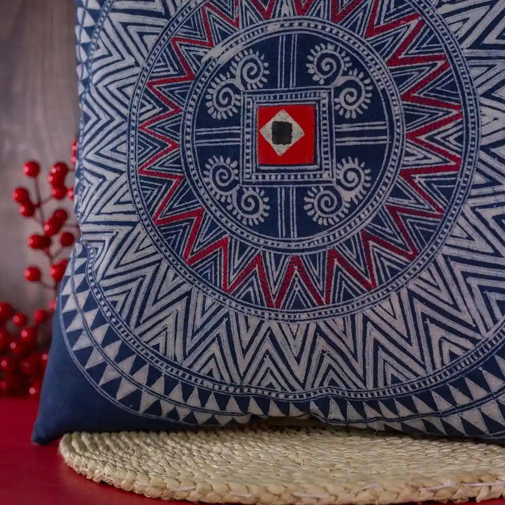Vindigo indigo batik cushion cover geometric motif close-up