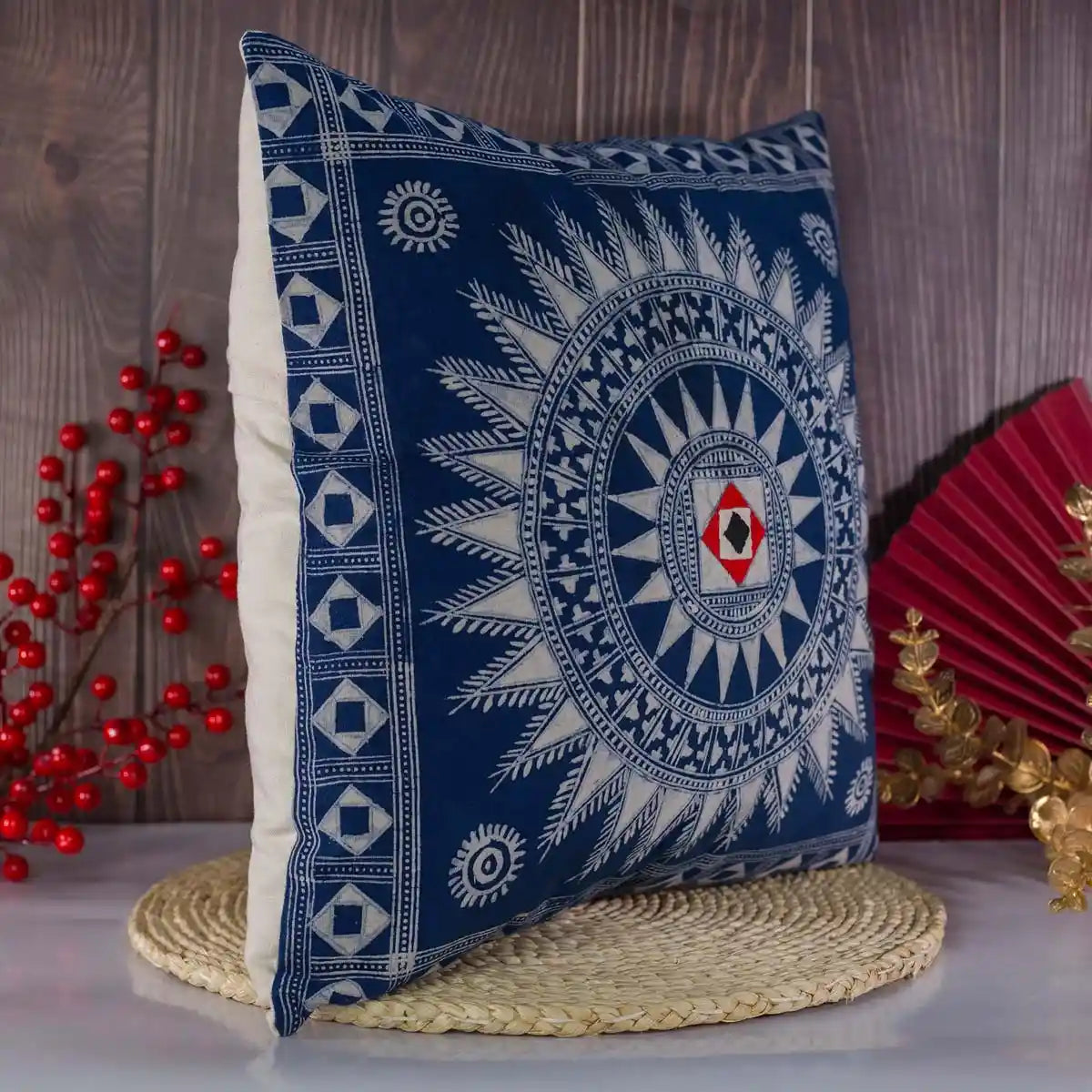 Vindigo indigo batik cotton cushion cover front on wooden background