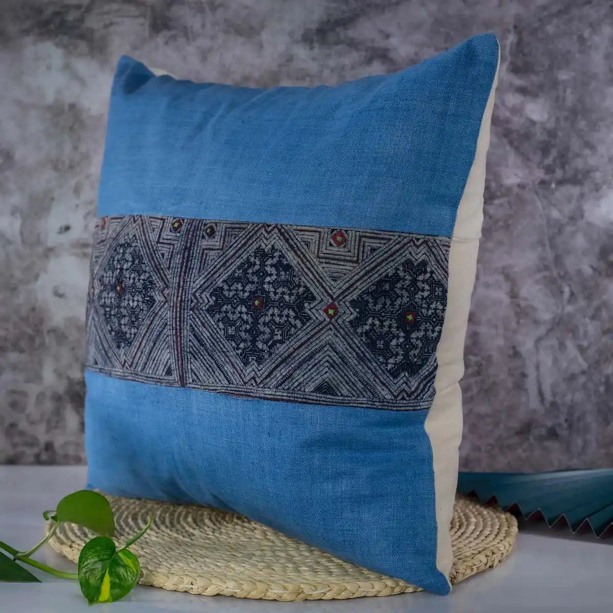 Vindigo blue hemp embroidered cushion cover angled side view