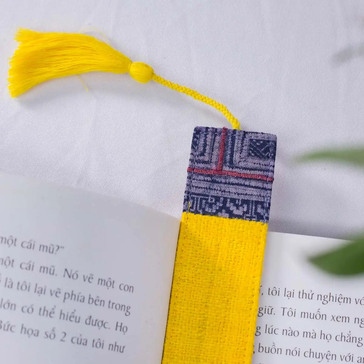 Vindigo handmade yellow hemp batik pattern bookmark front view with tassel
