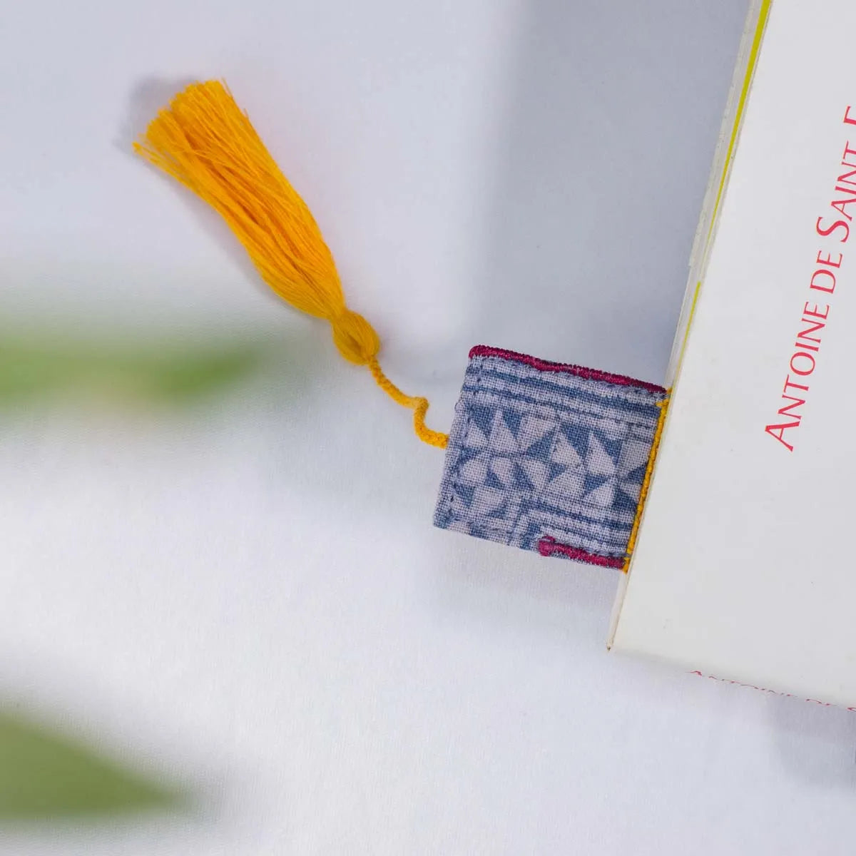 Vindigo yellow hemp tribal pattern bookmark on book corner
