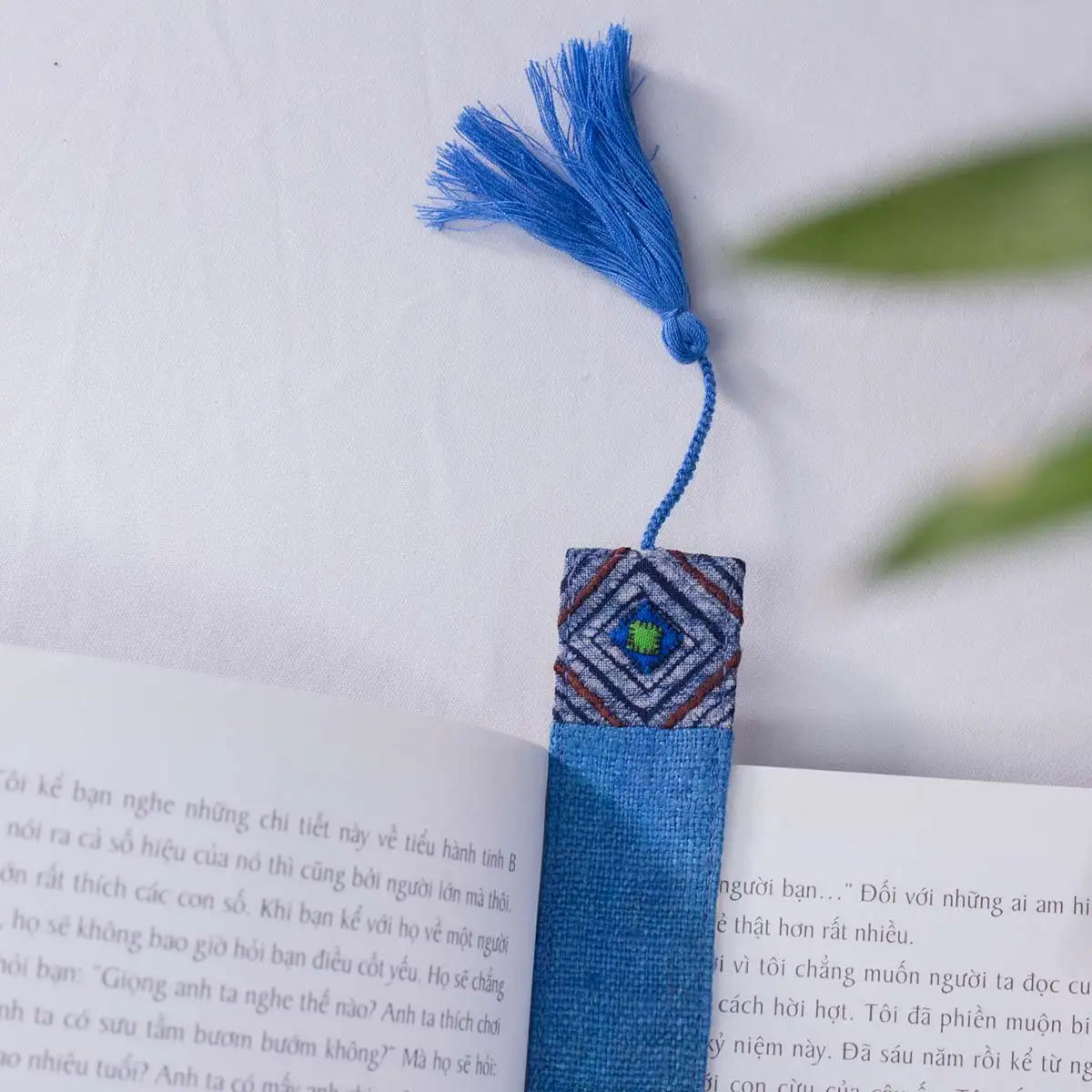 Vindigo blue hemp batik pattern bookmark front view with tassel