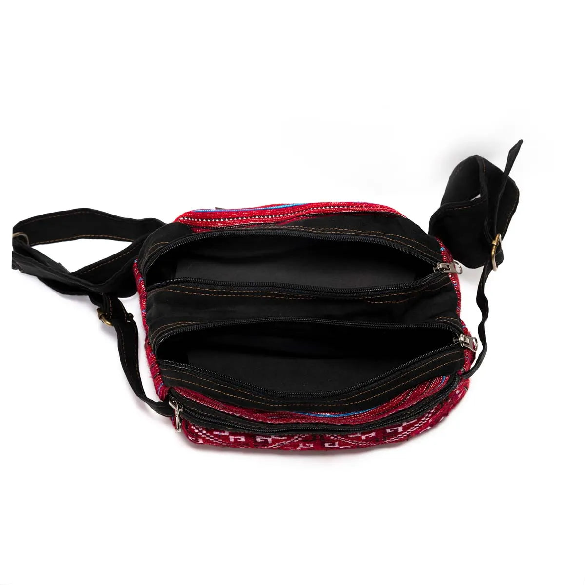 Vindigo red embroidered waist bag open top showing compartments