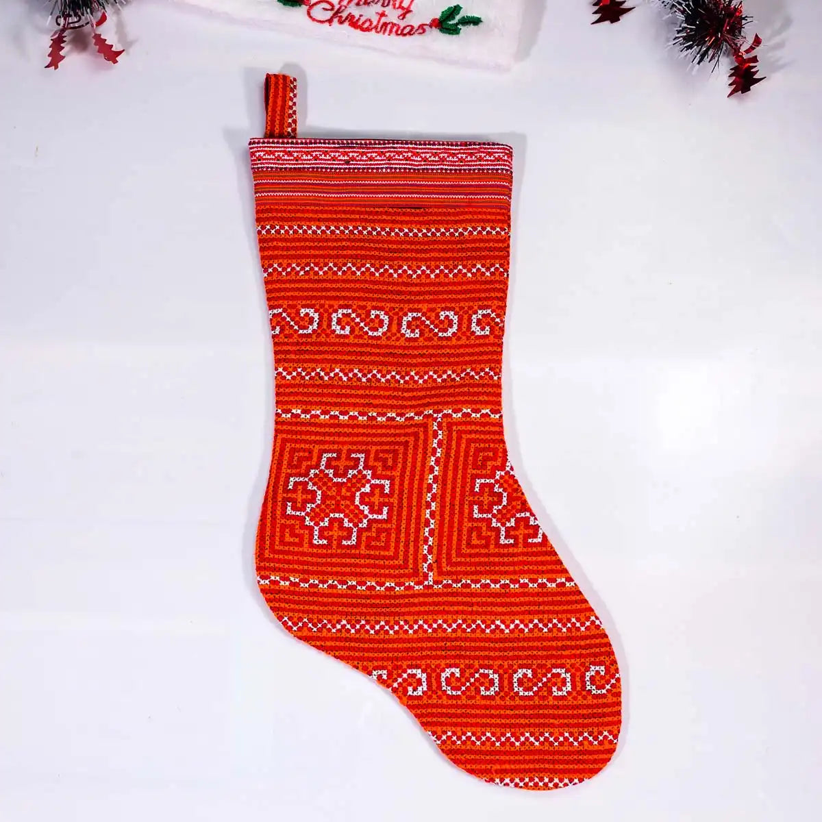 Vindigo red geometric embroidered Christmas stocking front view