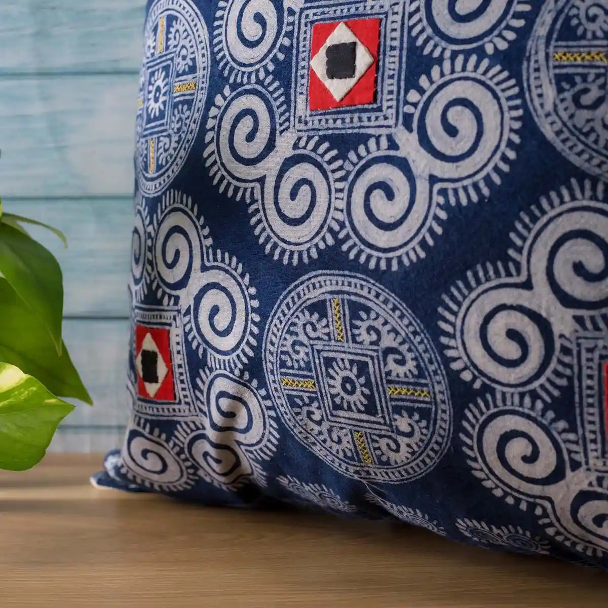 Vindigo indigo cotton batik cushion cover close-up of spiral and square patterns