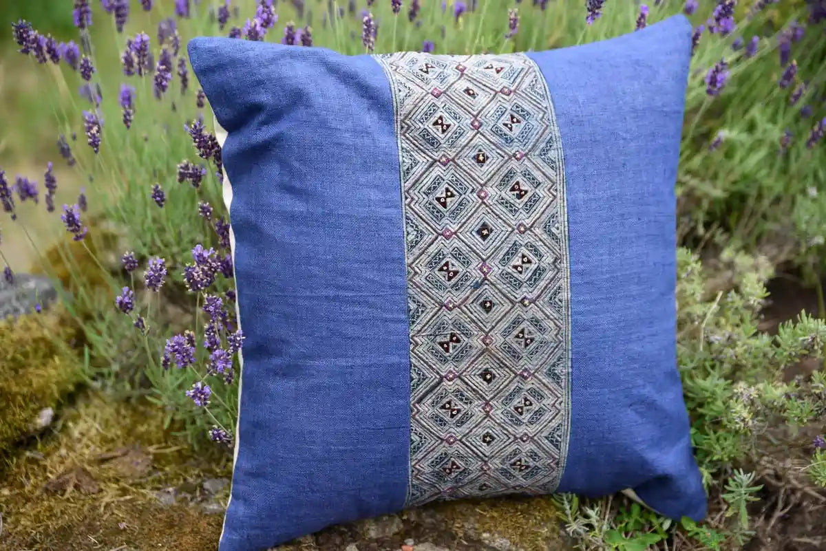 H’mong panel cushions among lavender bushes