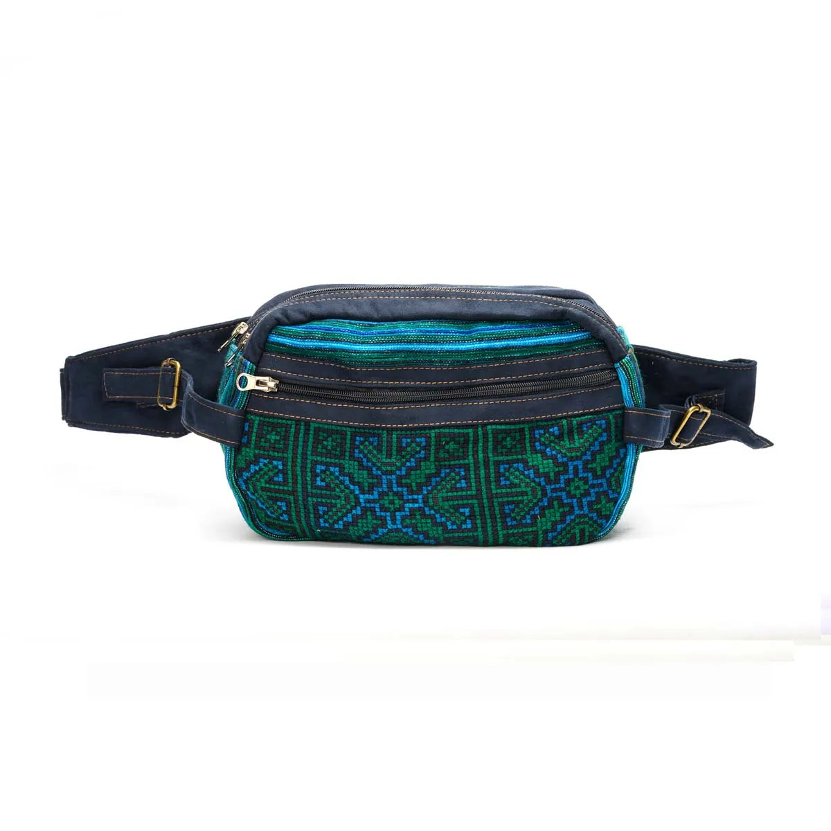 Vindigo green suede waist bag front close-up highlighting hand-stitched details