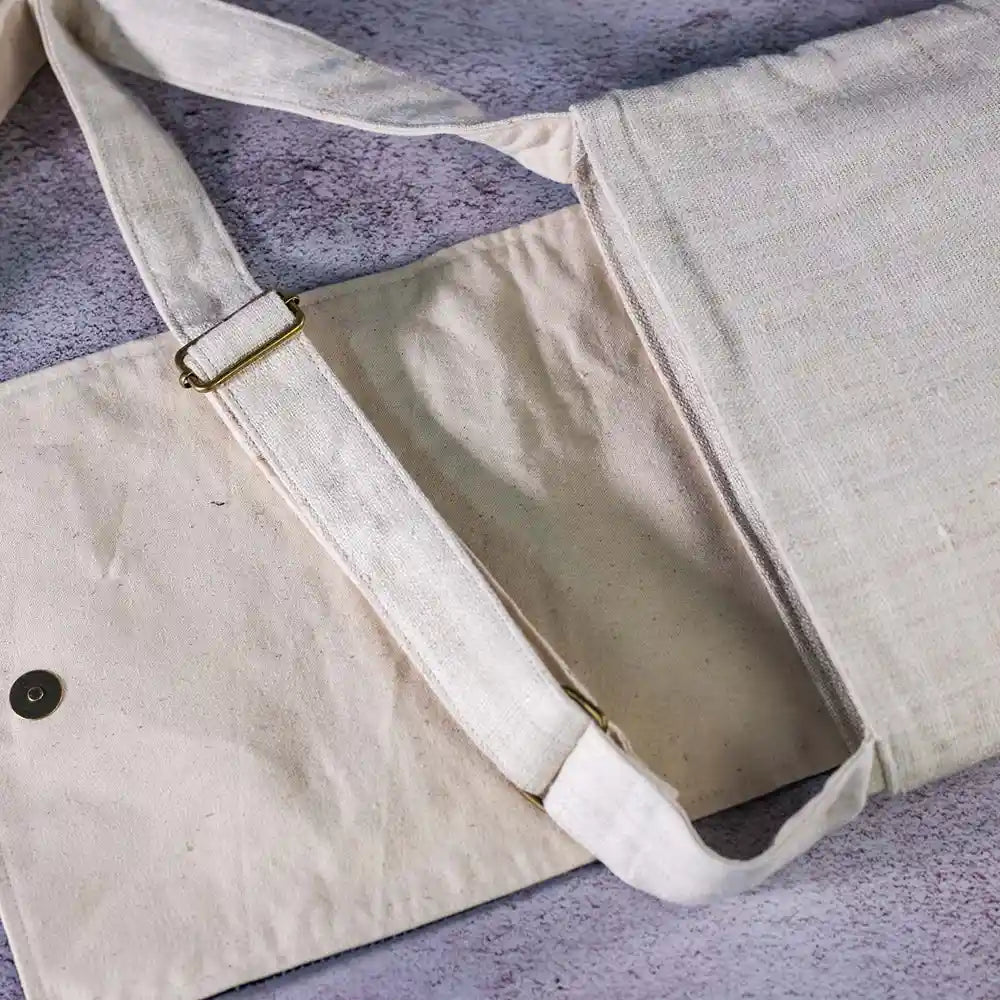 Vindigo hemp crossbody bag adjustable strap detail with brass buckle