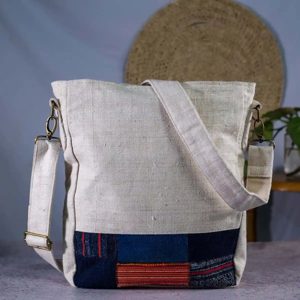 Vindigo beige hemp crossbody bag back view with tribal pattern accent