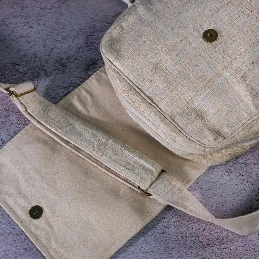 Vindigo hemp crossbody bag open view showing zipper and magnet closure