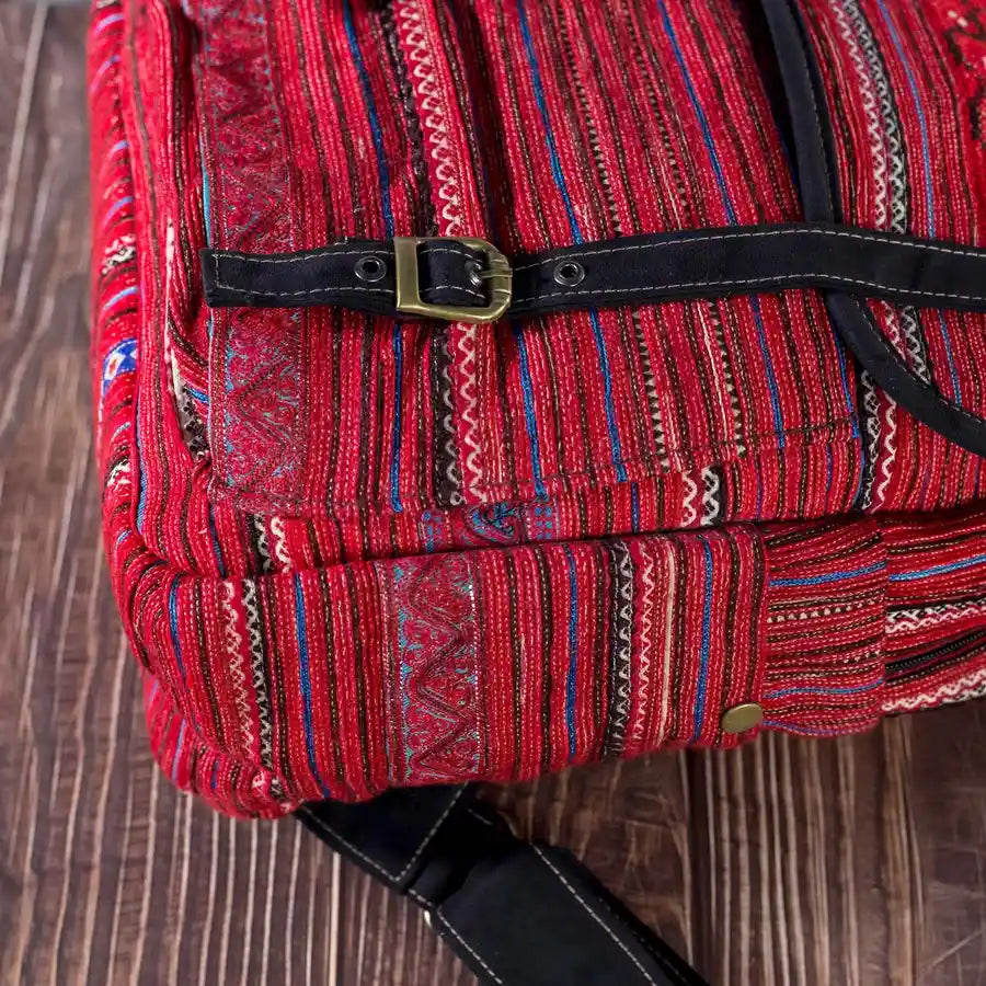 Vindigo red embroidered cotton backpack close-up detail