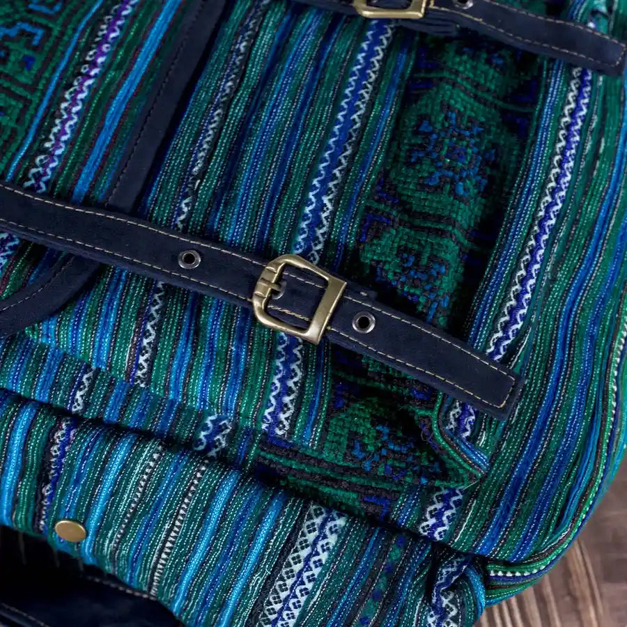 Vindigo blue embroidered cotton backpack close-up detail