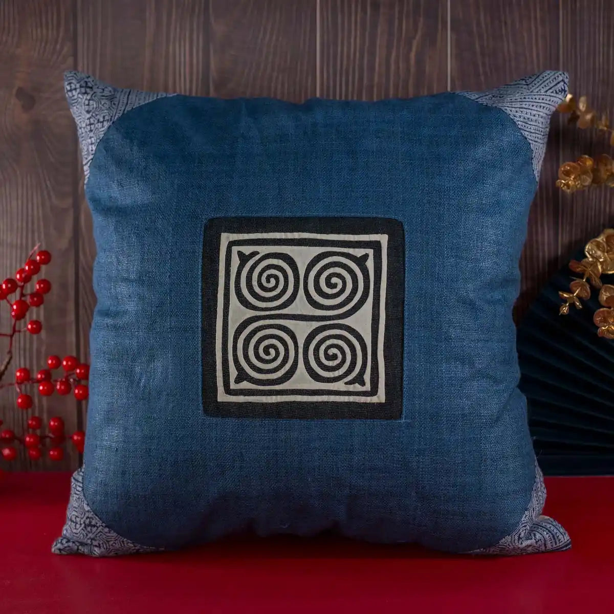 Vindigo handmade blue hemp pillow cover with tribal spiral embroidery