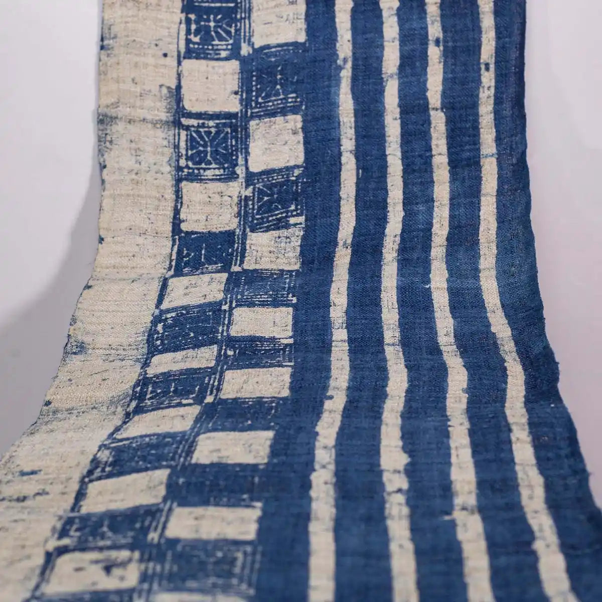 Vindigo indigo striped check fabric roll top-down view