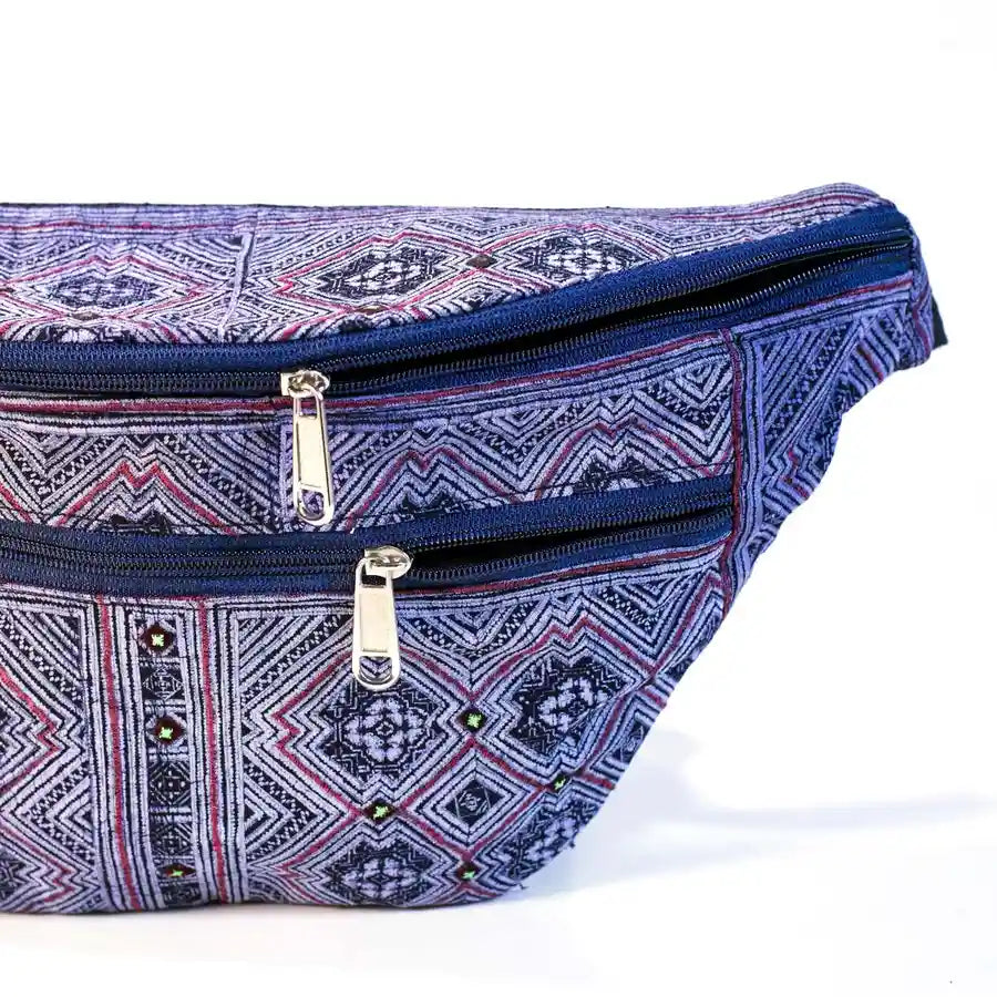 Vindigo purple hemp waist bag front with twin zippers