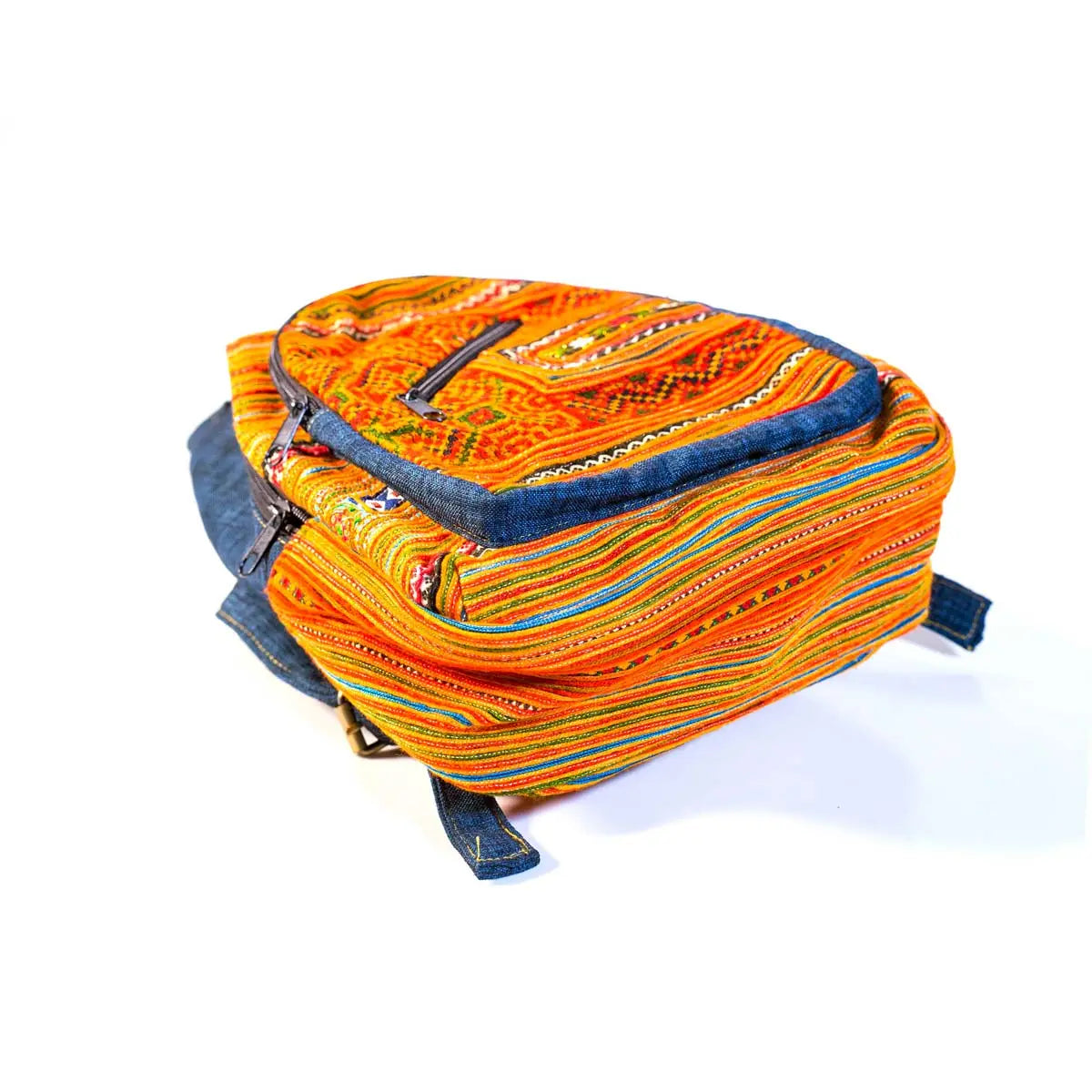 Vindigo orange hemp embroidered backpack bottom detail view