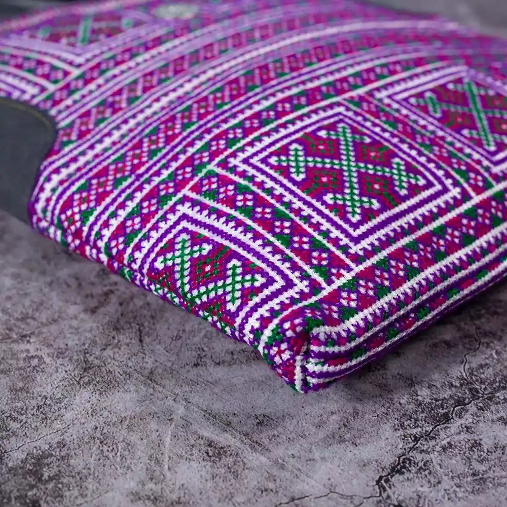 Vindigo purple crossbody bag bottom view featuring detailed geometric embroidery