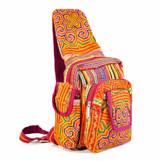 Vindigo crossbody yellow linen spiral tribal upright front