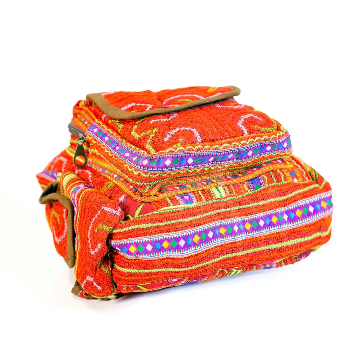 Vindigo colorful hemp tribal backpack side angle with zippers
