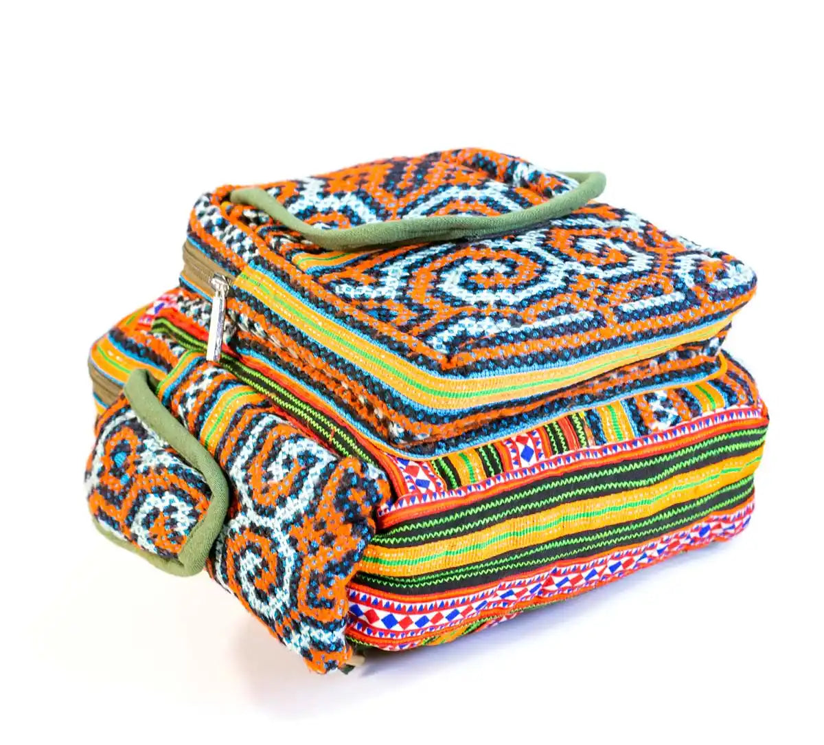 Vindigo blue tribal hemp backpack laid flat side angle